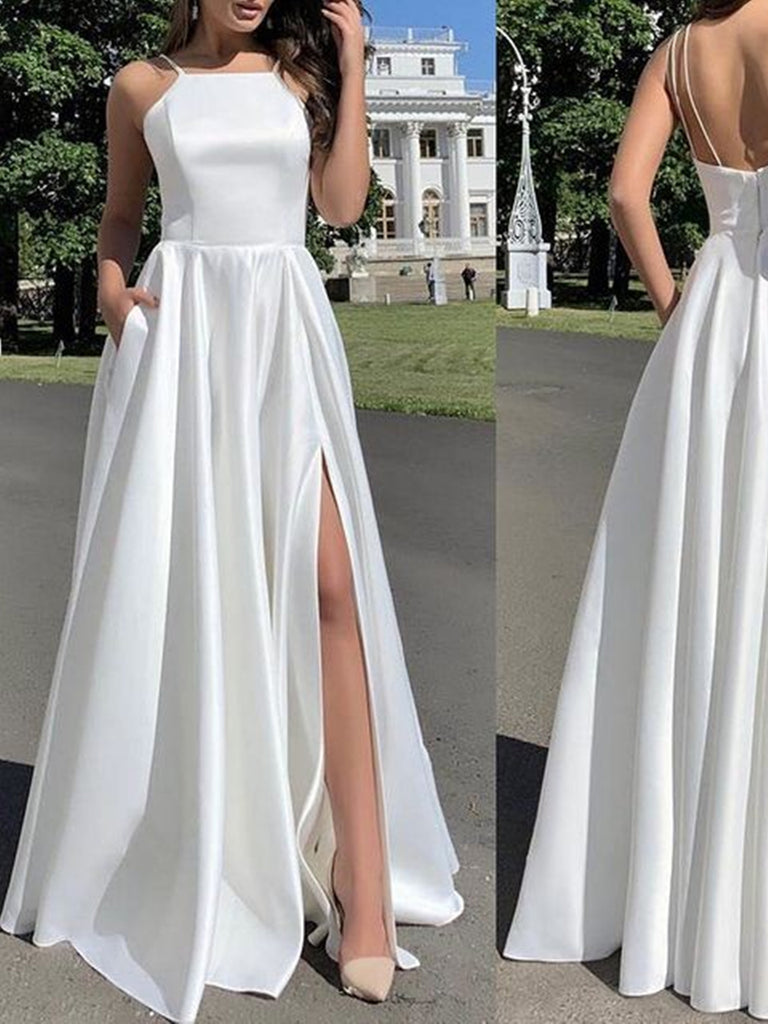 White Simple Wedding Dress Satin Fabric Square Neck Long Sleeves A-Line  Floor Length Bridal Gowns | Casual wedding dress, Online wedding dress,  Wedding dress long sleeve