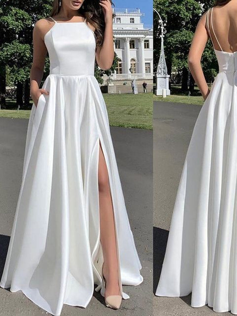Simple Open Back White Satin Long Prom Dresses with High Slit, Long White Formal Graduation Evening Dresses SP2213 Simple Open Back White Satin Long Prom Dresses with High Slit, Long White Formal Graduation Evening Dresses SP2213