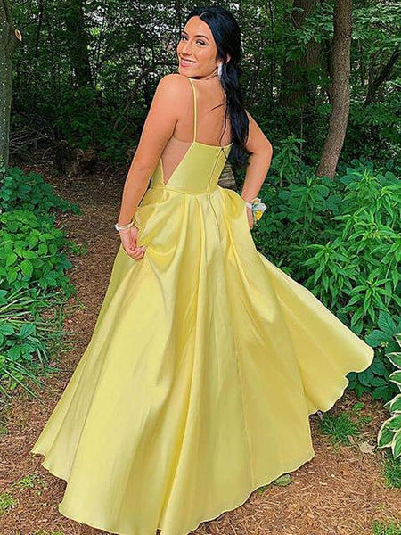 Simple Open Back Yellow Satin Long Prom Dresses with Pocket, Thin Straps Yellow Formal Graduation Evening Dresses SP2189