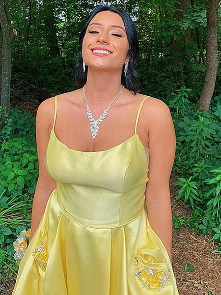 Simple Open Back Yellow Satin Long Prom Dresses with Pocket, Thin Straps Yellow Formal Graduation Evening Dresses SP2189