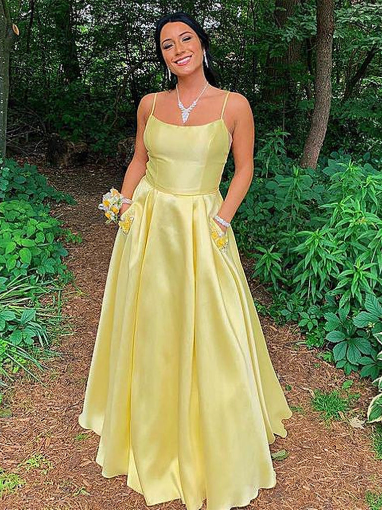 Simple Open Back Yellow Satin Long Prom Dresses with Pocket, Thin Stra Shiny Party Simple Open Back Yellow Satin Long Prom Dresses with Pocket, Thin Stra Shiny Party