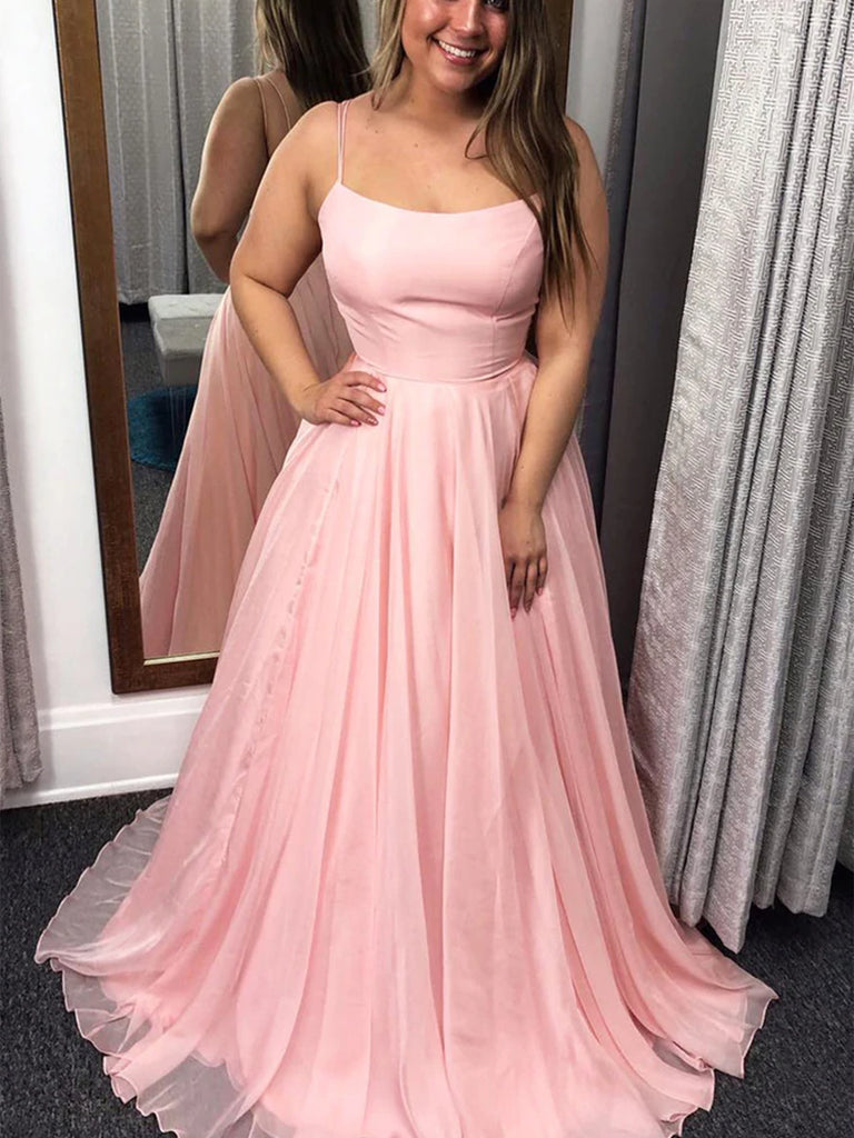 Simple Pink Tulle Long Prom Dresses, Long Pink Formal Graduation Evening Dresses SP2336