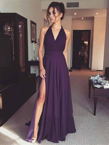 Simple Purple V Neck Floor Length Prom Dress with Slit, Purple Formal Dress, Evening Dress