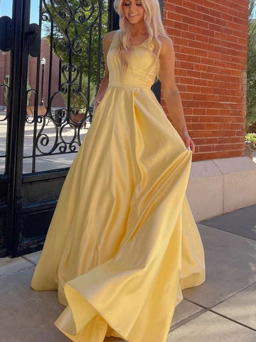 Simple Round Neck Yellow Satin Long Prom Dresses with Pocket, Long Yellow Formal Graduation Evening Dresses SP2534
