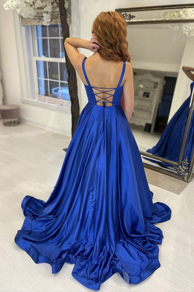 Simple Royal Blue Satin Long Prom Dresses, Royal Blue Formal Graduation Evening Dresses