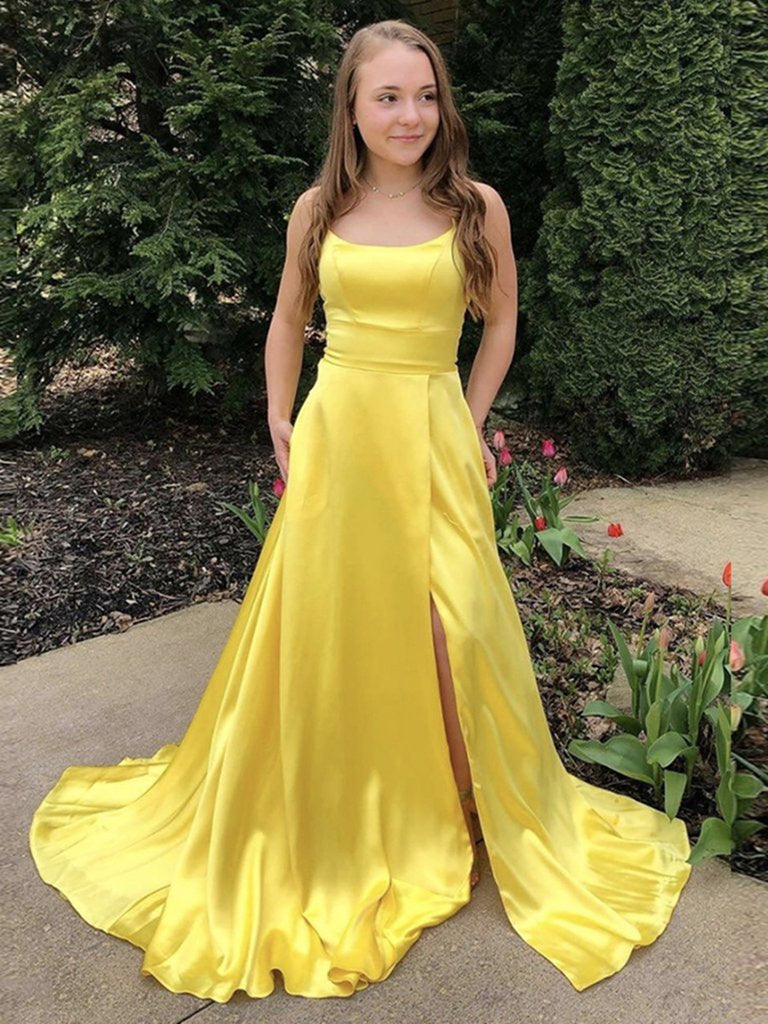 Simple Scoop Neck Yellow Satin Long Prom Dresses with Slit, Yellow Formal Graduation Evening Dresses