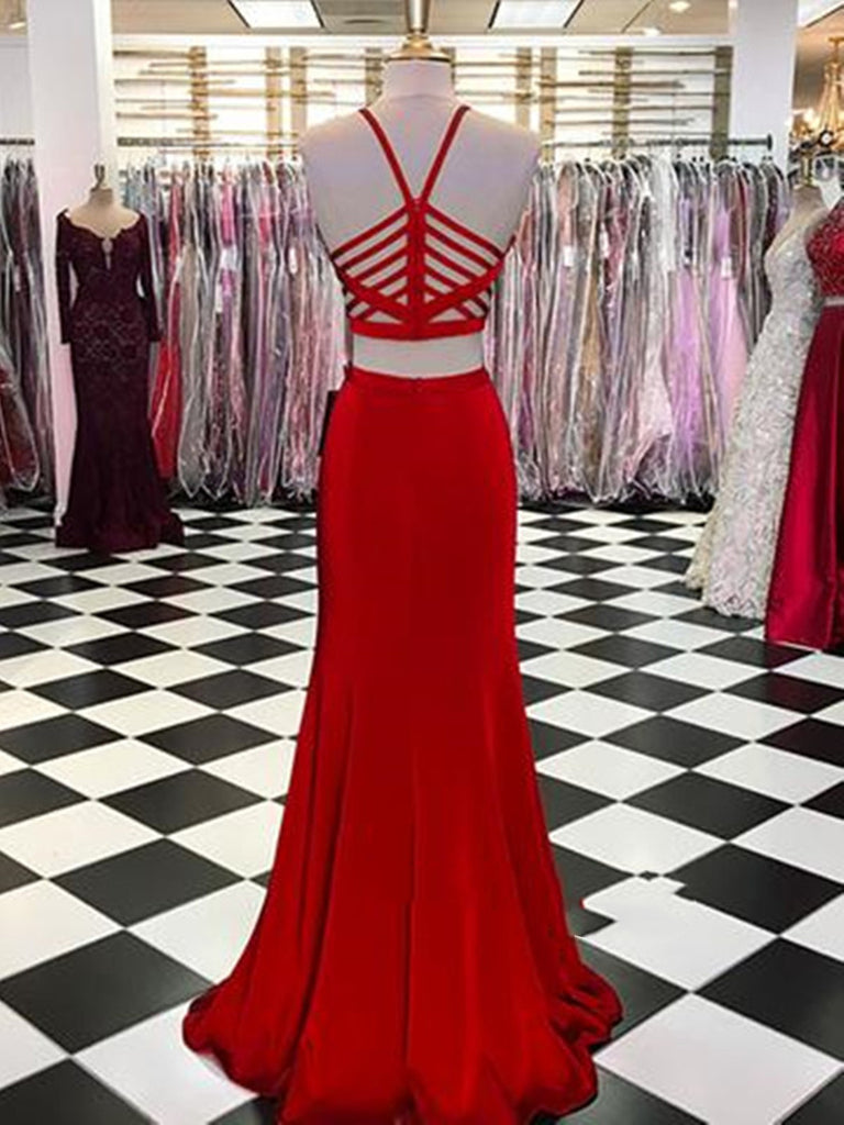Simple Sexy 2 Pieces Red Prom Dress, Red Satin Evening Dress, Red Form Shiny Party Simple Sexy 2 Pieces Red Prom Dress, Red Satin Evening Dress, Red Form Shiny Party