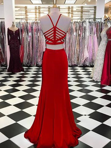 Simple Sexy 2 Pieces Red Prom Dress, Red Satin Evening Dress, Red Formal Dress