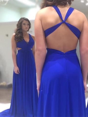 Simple Sexy V Neck Blue Prom Dresses, Blue Formal Dresses, Sexy Blue Evening Dresses