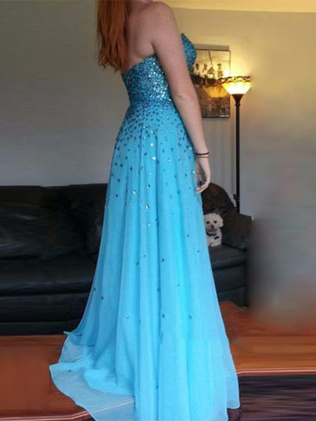 Simple Sky Blue Sweetheart Strapless Prom Dresses With Beading, Sky Blue Formal Dresses With Beading