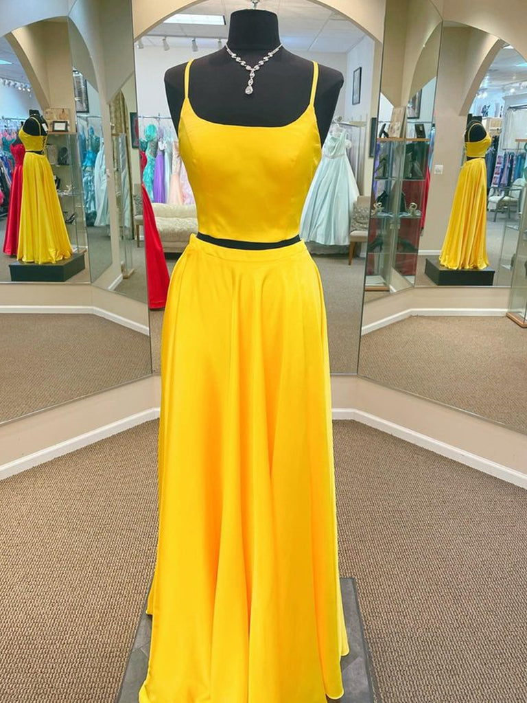 Simple Two Pieces Yellow Satin Long Prom Dresses, 2 Pieces Yellow Formal Graduation Evening Dresses SP2349