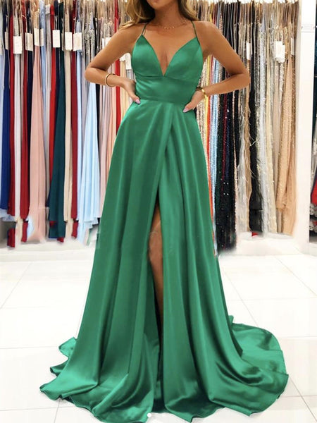 Simple V Neck Backless Green Long Prom Dresses with High Slit, Backless Green Formal Graduation Evening Dresses