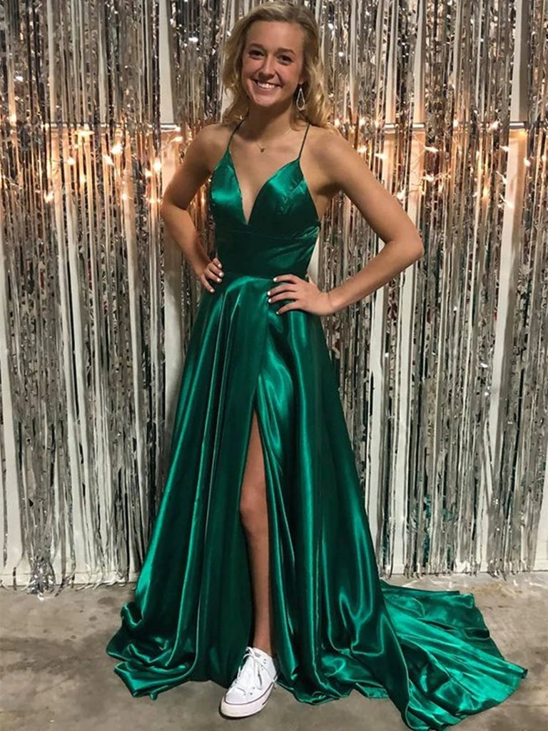 Simple V Neck Backless Green Satin Long Prom Dresses with High