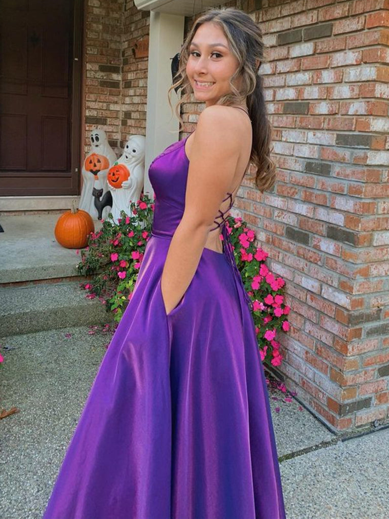 Simple V Neck Backless Purple Satin Long Prom Dresses, V Neck Purple F Shiny Party Simple V Neck Backless Purple Satin Long Prom Dresses, V Neck Purple F Shiny Party