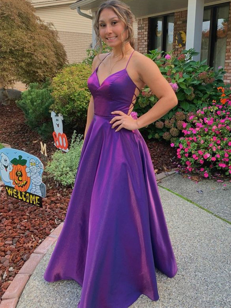 Simple V Neck Backless Purple Satin Long Prom Dresses, V Neck Purple F Shiny Party Simple V Neck Backless Purple Satin Long Prom Dresses, V Neck Purple F Shiny Party