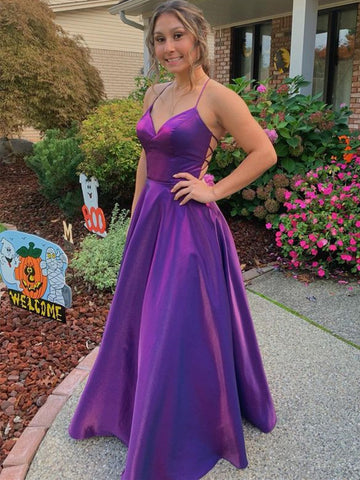 Simple V Neck Backless Purple Satin Long Prom Dresses, V Neck Purple Formal Dresses, Backless Purple Evening Dresses SP2358