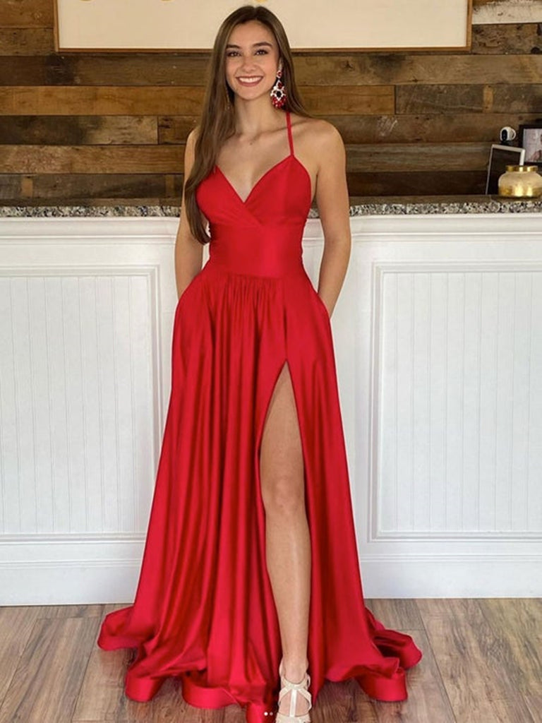 Simple V Neck Backless Red Satin Long Prom Dresses with High Slit, V N –  Shiny Party