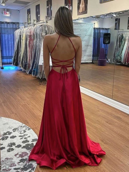 Simple V Neck Backless Red Satin Long Prom Dresses with High Slit, V Neck Red Formal Graduation Evening Dresses SP2126