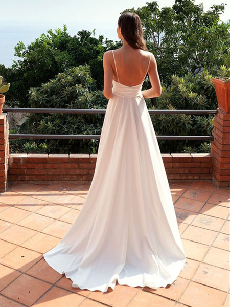 Simple V Neck Backless White Satin Long Prom Dresses with Slit, Backless White Formal Dresses, White Evening Dresses