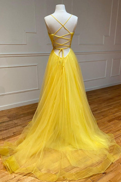 Simple V Neck Backless Yellow Tulle Long Prom Dresses, V Neck Yellow Long Formal Evening Dresses