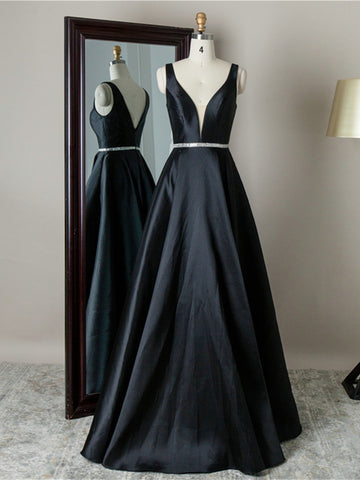 Simple V Neck Black Satin Long Prom Dresses with Belt, V Neck Black Formal Graduation Evening Dresses SP2198