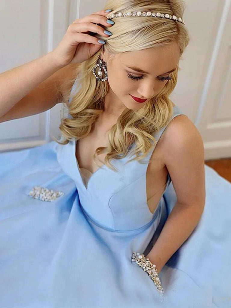 Simple V Neck Light Blue Satin Long Prom Dresses, V Neck Light Blue Fo Shiny Party Simple V Neck Light Blue Satin Long Prom Dresses, V Neck Light Blue Fo Shiny Party