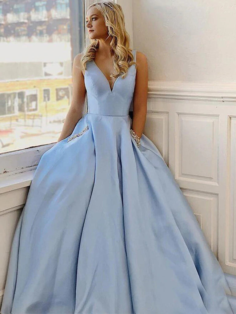 Simple V Neck Light Blue Satin Long Prom Dresses, V Neck Light Blue Fo Shiny Party Simple V Neck Light Blue Satin Long Prom Dresses, V Neck Light Blue Fo Shiny Party