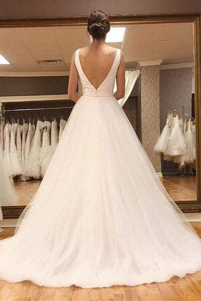 Simple V Neck Open Back White Tulle Long Prom Dresses, V Neck White Wedding Dresses, White Formal Evening Dresses SP2255