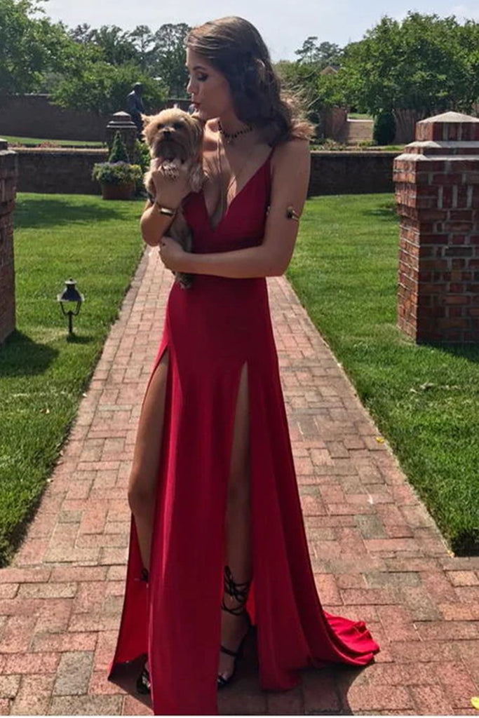 Simple V Neck Red Long Prom Dresses with Double Slit, V Neck Red Forma Shiny Party Simple V Neck Red Long Prom Dresses with Double Slit, V Neck Red Forma Shiny Party