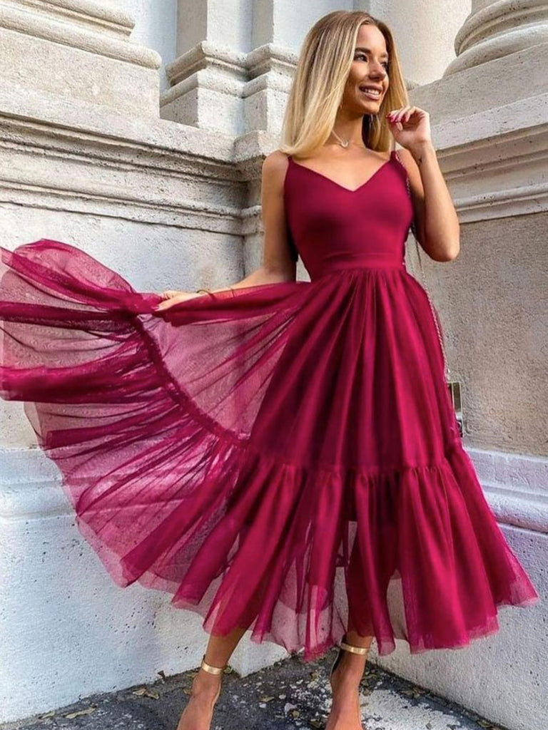Simple V Neck Tea Length Burgundy Long Prom Dresses, V Neck Wine Red Formal Evening Dresses
