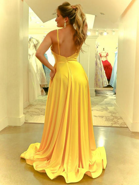 Simple V Neck Backless Yellow Satin Long Prom Dresses with Slit, Long Yellow Formal Evening Dresses