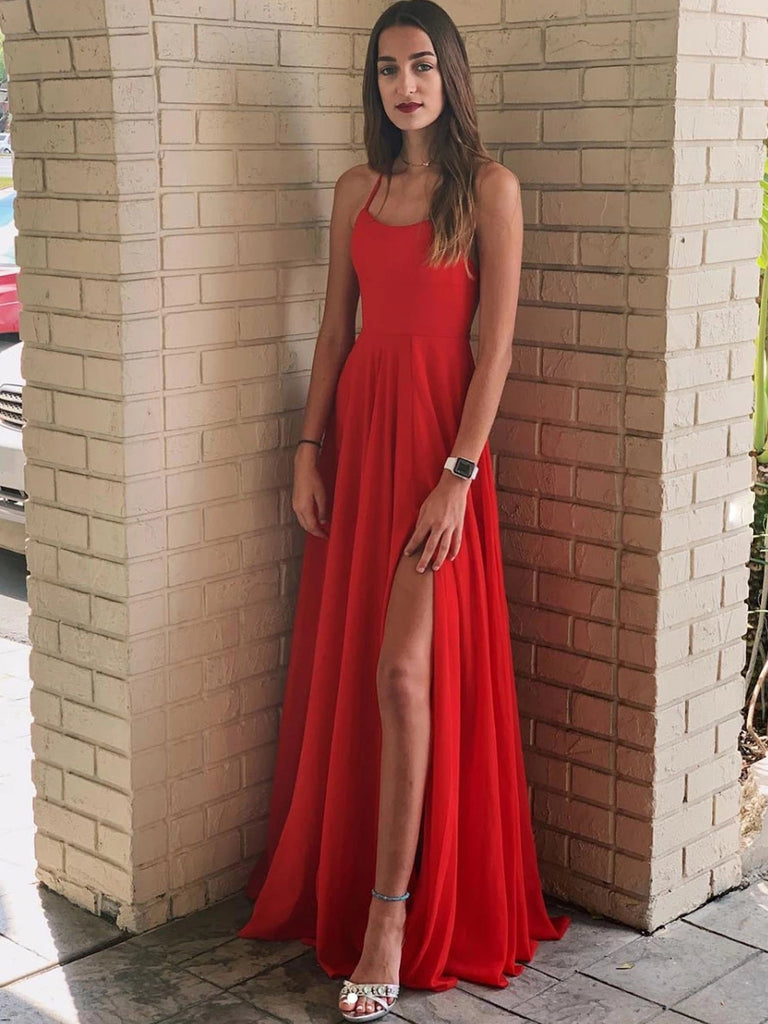 Simple A Line Backless Red Long Prom Dresses with Leg Slit, Sexy Backless Red Formal Graduation Evening Dresses