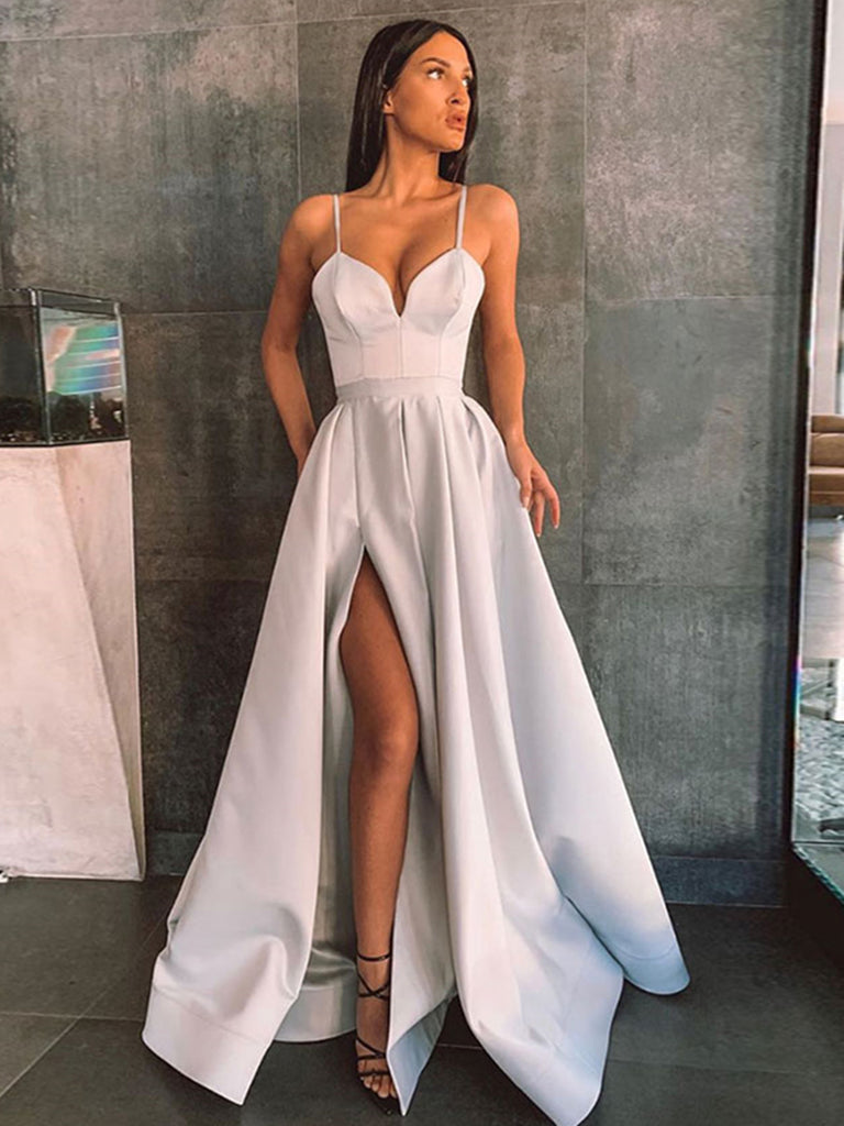 Simple A Line Gray Long Prom Dresses with High Slit, Gray Formal Gradu Shiny Party Simple A Line Gray Long Prom Dresses with High Slit, Gray Formal Gradu Shiny Party