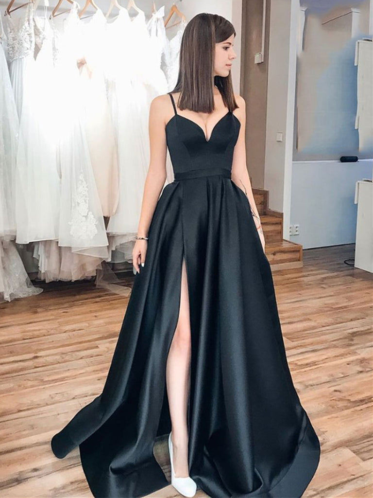 Simple A Line Satin Black Long Prom Dresses with High Slit, Long Black Shiny Party Simple A Line Satin Black Long Prom Dresses with High Slit, Long Black Shiny Party
