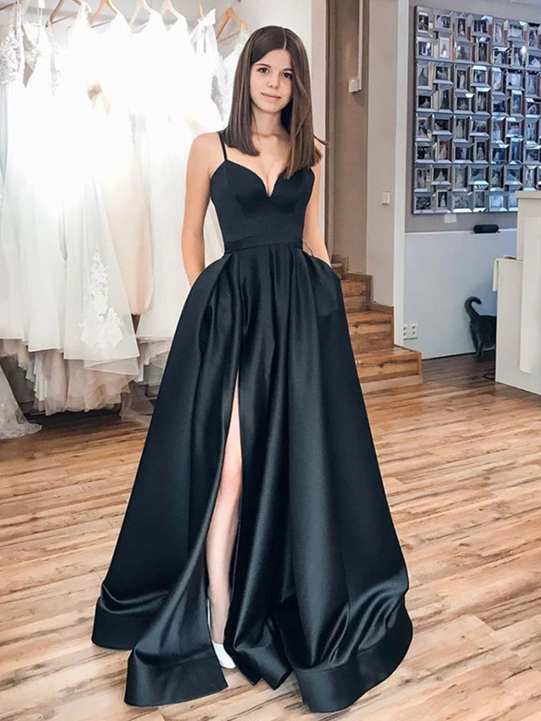 Simple A Line Satin Black Long Prom Dresses with High Slit, Long Black Formal Dresses, Black Evening Dresses