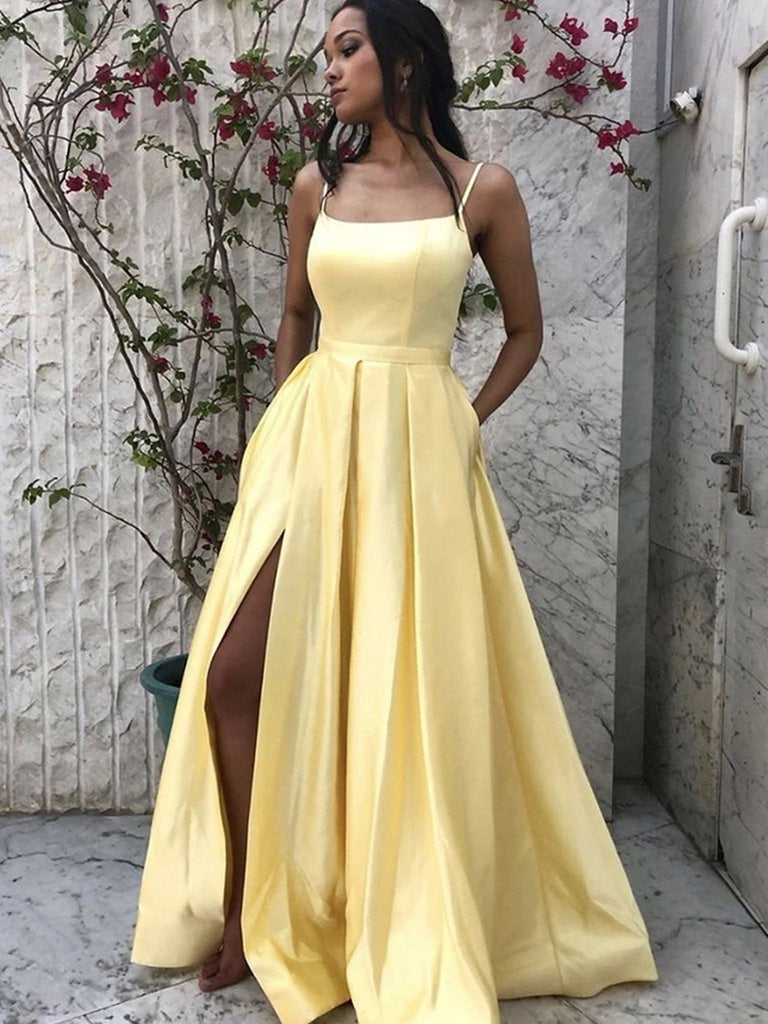 Simple A Line Spaghetti Straps Long Yellow Prom Dresses with Pockets, Yellow Formal Graduation Evening Dresses with Slit