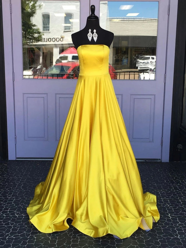 Simple A Line Strapless Yellow Satin Long Prom Dresses, Strapless Yellow Formal Graduation Evening Dresses