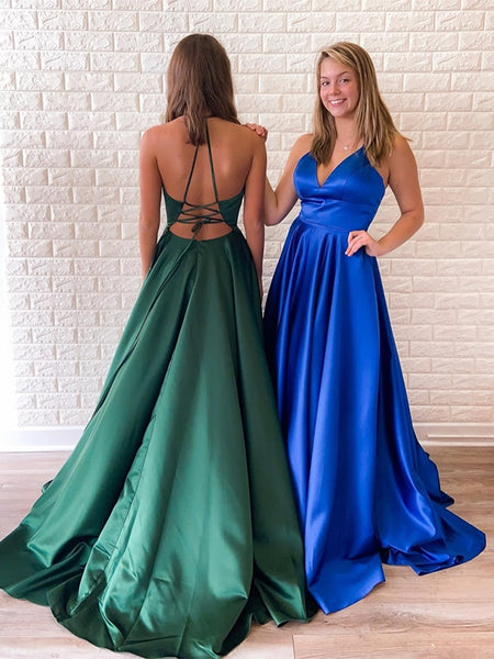 Simple A Line V Neck Backless Dark Green/Royal Blue Prom Dresses, Open Back Dark Green/Royal Blue Formal Graduation Evening Dresses