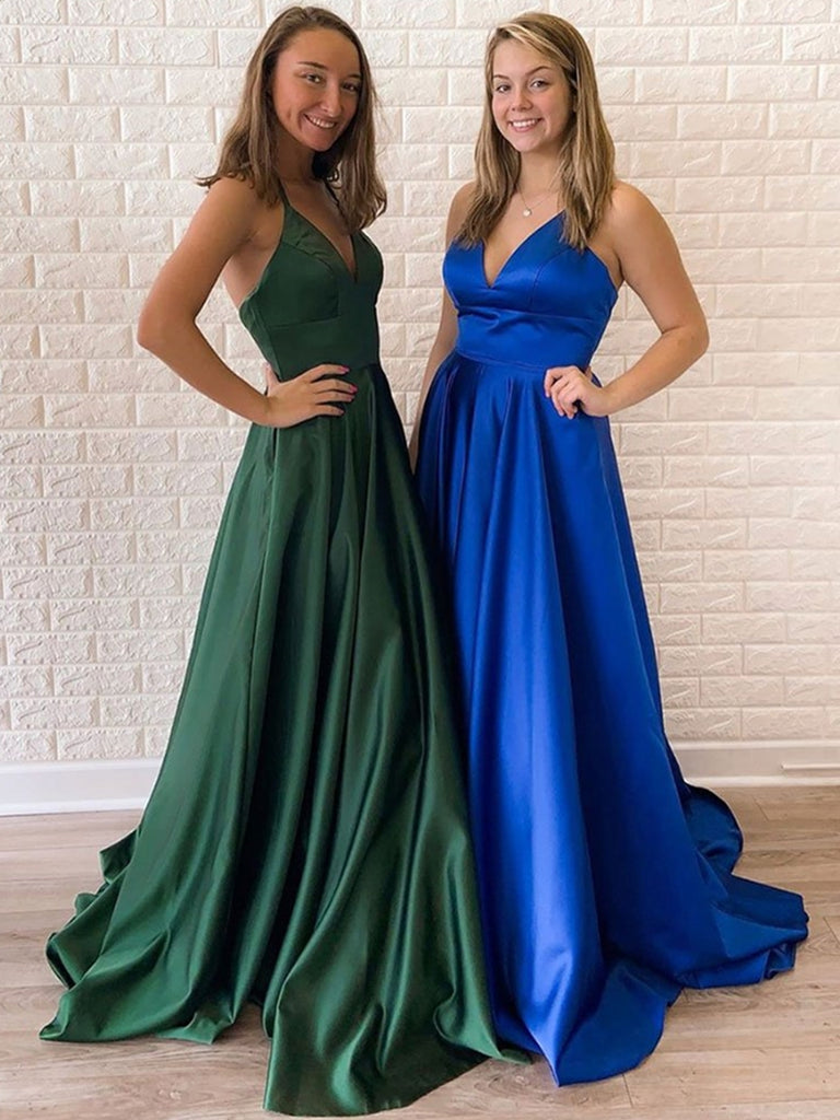 Simple A Line V Neck Backless Dark Green/Royal Blue Prom Dresses, Open Shiny Party Simple A Line V Neck Backless Dark Green/Royal Blue Prom Dresses, Open Shiny Party