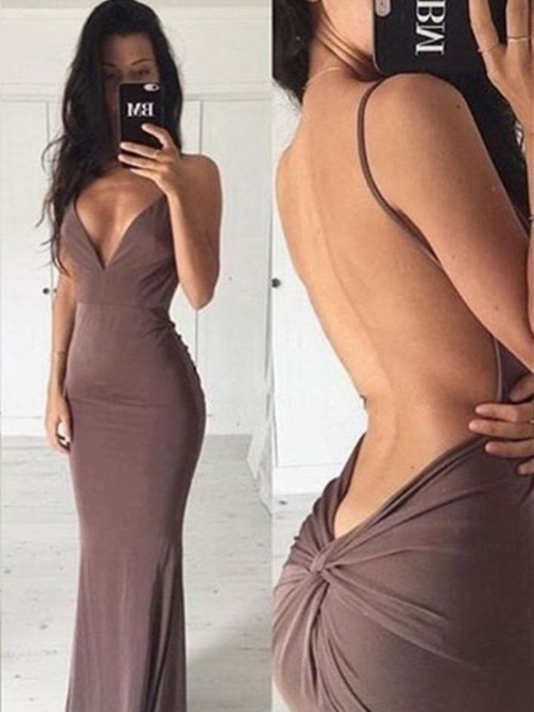 Simple A Line V Neck Backless Mermaid Prom Dresses, Backless Mermaid Graduation Dress, Formal Dresses