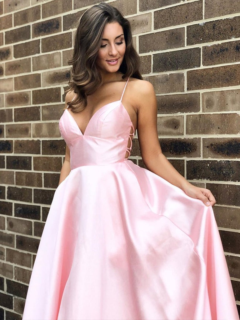 Simple A Line V Neck Backless Pink Satin Long Prom Dresses, Backless Pink Formal Dresses, Pink Evening Dresses