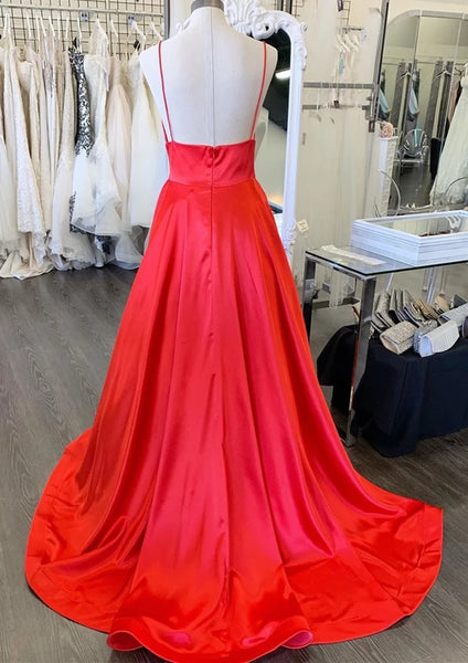 Simple A Line V Neck Backless Red Long Prom Dresses, Backless Red Formal Dresses, V Neck Red Evening Dresses