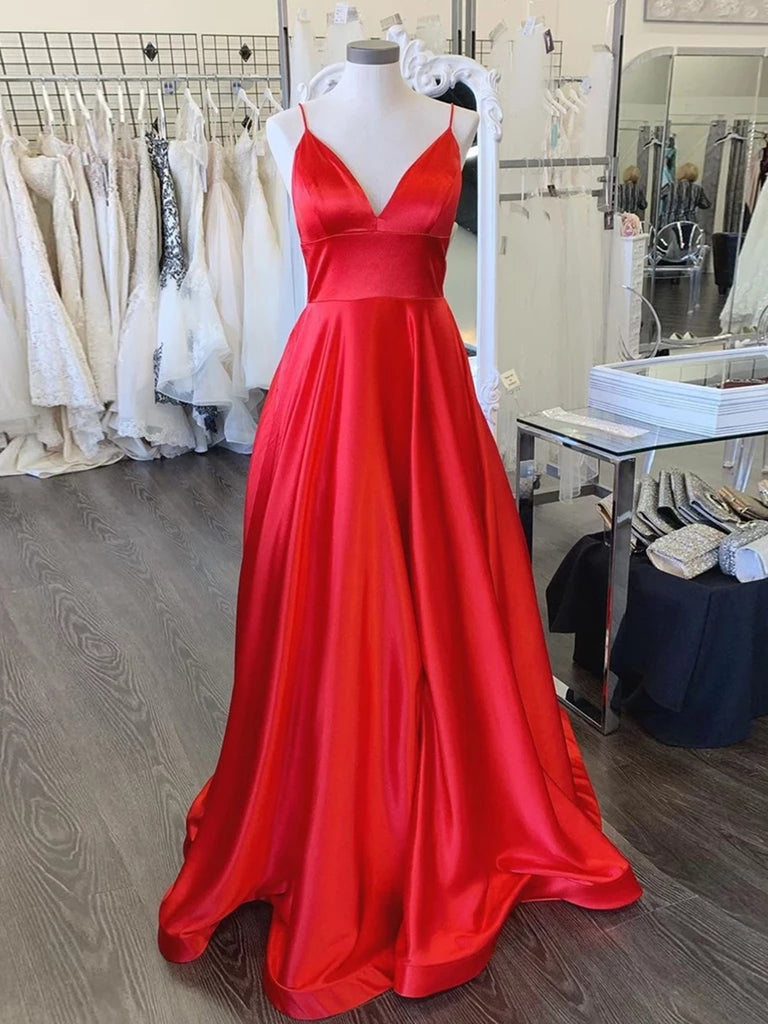 Simple A Line V Neck Backless Red Long Prom Dresses, Backless Red Form Shiny Party Simple A Line V Neck Backless Red Long Prom Dresses, Backless Red Form Shiny Party
