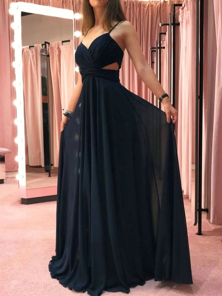 Black Simple A-line V-neck Chiffon Evening Dresses With Slit Long Prom