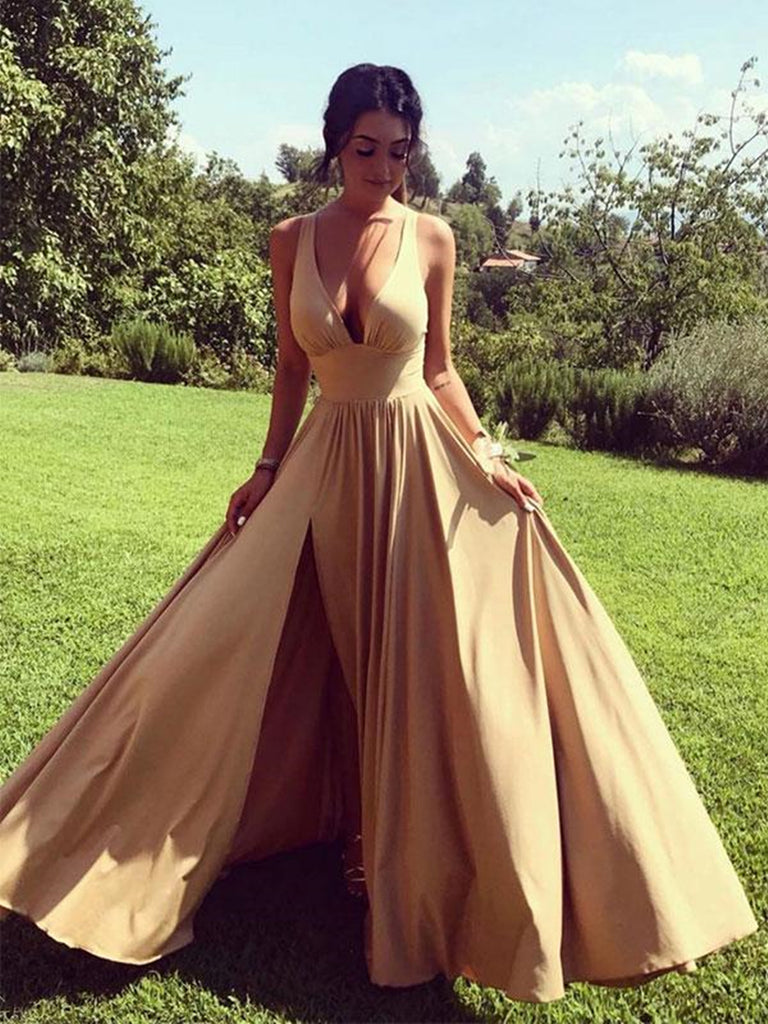 A Line Backless Lace Long Champagne Prom Dress, Backless Lace