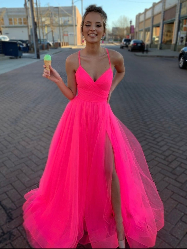 Simple A Line V Neck Coral Tulle Long Prom Dresses with High Split, V Shiny Party Simple A Line V Neck Coral Tulle Long Prom Dresses with High Split, V Shiny Party