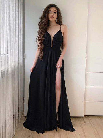 Simple A Line V Neck Long Black Prom Dresses with High Slit, V Neck Black Formal Graduation Evening Dresses