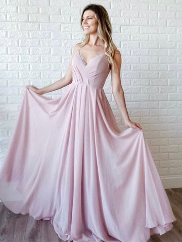 Simple A Line V Neck Pink Long Prom Dresses, V Neck Pink Formal Graduation Evening Dresses, Pink Bridesmaid Dresses