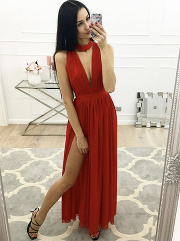 Simple A Line V Neck Red Chiffon Long Prom Dresses with Slit, V Neck Red Formal Dresses, Red Evening Dresses