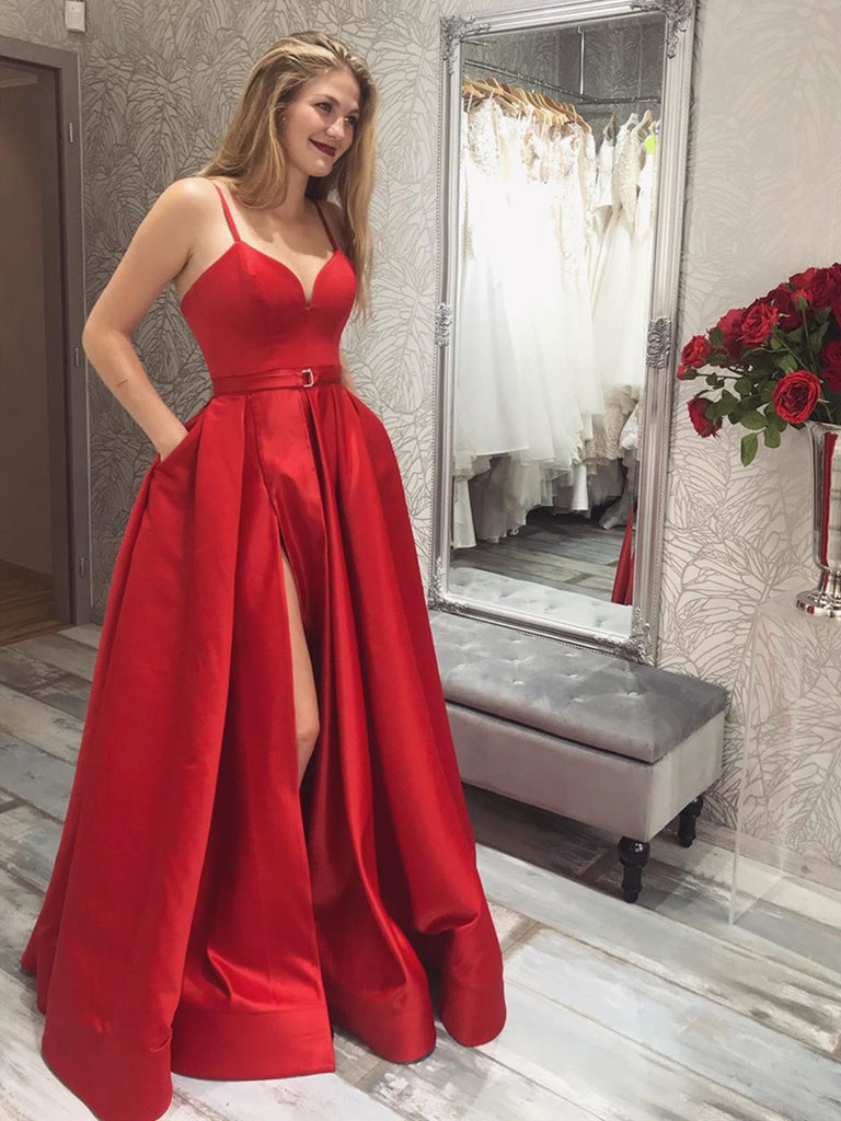 Simple A Line V Neck Red Long Prom Dresses with High Slit, Red Formal Graduation Evening Dresses
